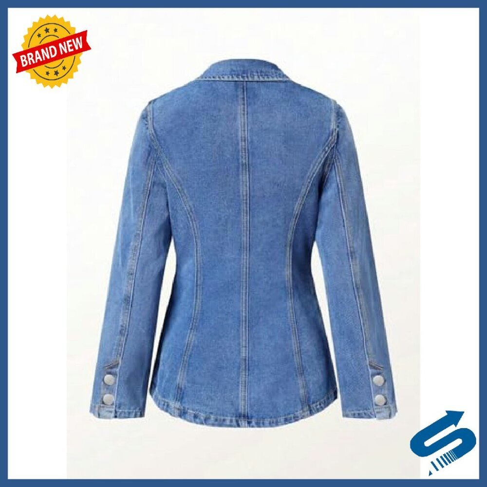 Women's Denim Jacket Slim Fit Stretch Cotton Polyester Elastane Deep V-Neck - Picture 7 of 8
